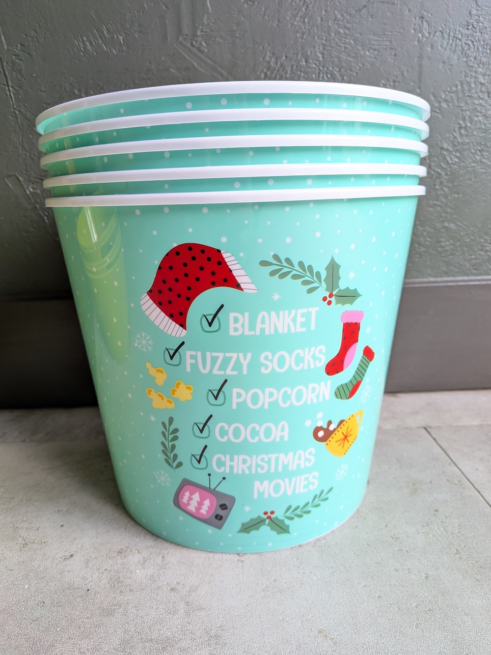 Mint Holiday Popcorn Bucket with Festive Graphics Set Of 5